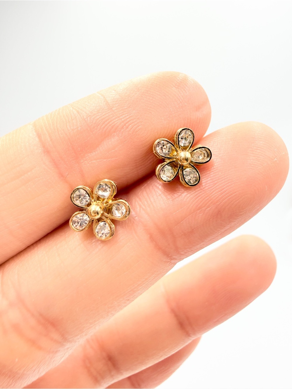 Gold Tone Clear Rhinestone Flower Stud Earrings